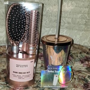 Rose Gold Hair Brush Set and Boba Tumbler